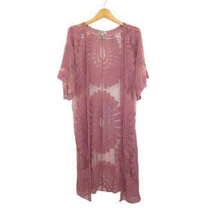Mauve Boho Sheer Lace Kimono Duster Festival Romantic Beach Cover-Up Size L